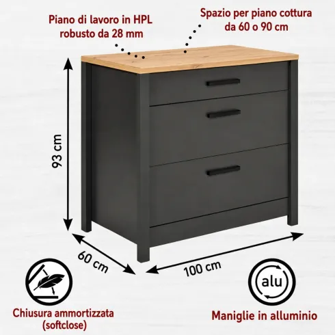 Cucina Componibile 5 Mobili Colonne Legno Antracite Rovere 370 cm