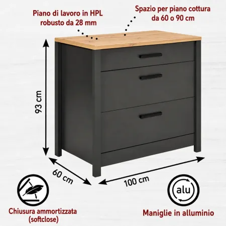 Cucina Componibile 5 Mobili Colonne Legno Antracite Rovere 370 cm