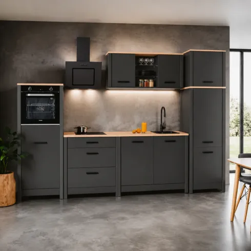 Cucina Componibile in Legno Antracite Rovere 6 Mobili Colonne 370 cm