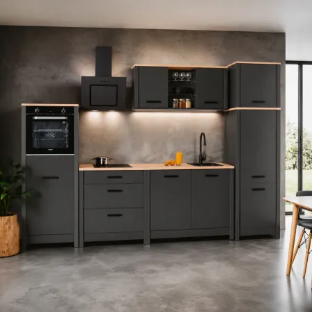 Cucina Componibile in Legno Antracite Rovere 6 Mobili Colonne 370 cm