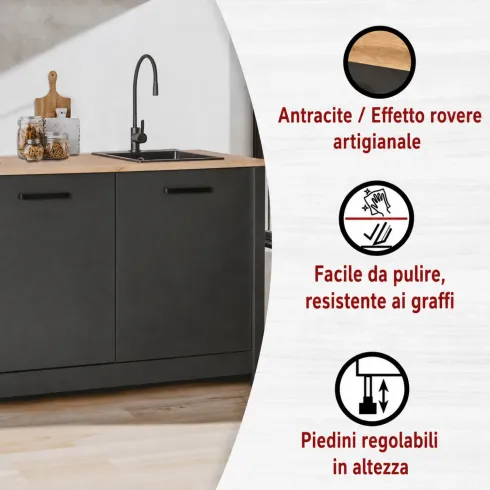 Cucina Componibile in Legno Antracite Rovere 6 Mobili Colonne 370 cm