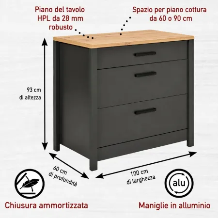 Cucina Componibile in Legno Antracite Rovere 6 Mobili Colonne 370 cm