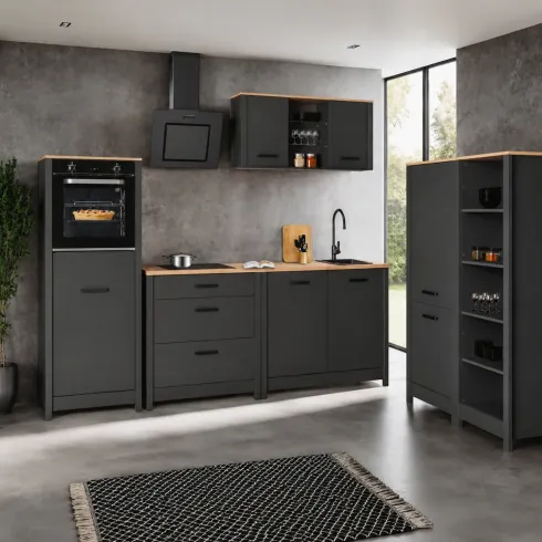 Cucina Componibile 430 cm Legno Antracite Rovere 6 Mobili Coordinati
