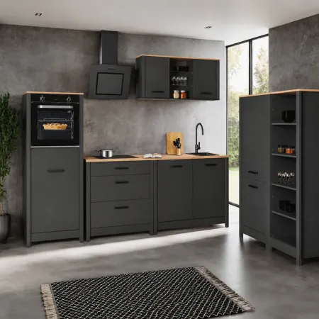 Cucina Componibile 430 cm Legno Antracite Rovere 6 Mobili Coordinati