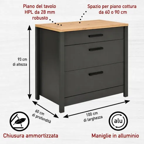 Cucina Componibile 430 cm Legno Antracite Rovere 6 Mobili Coordinati