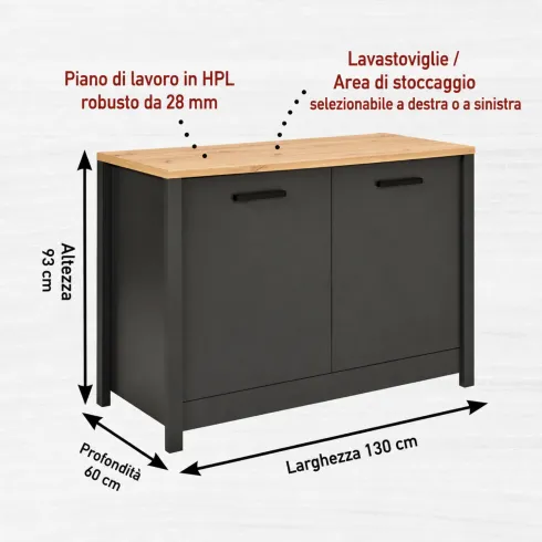 Cucina Componibile 430 cm Legno Antracite Rovere 6 Mobili Coordinati