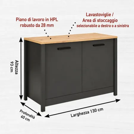 Cucina Componibile 430 cm Legno Antracite Rovere 6 Mobili Coordinati