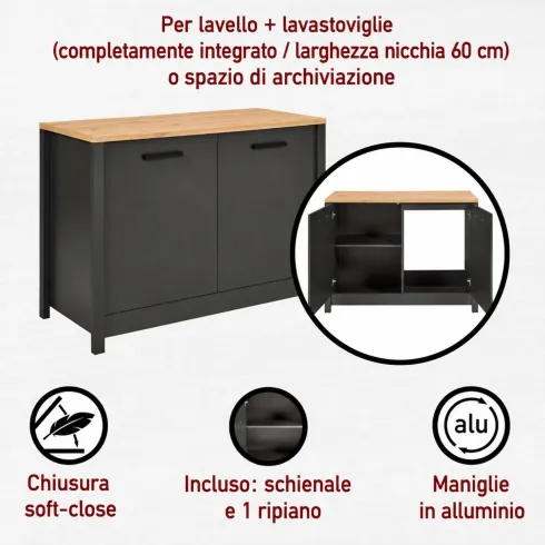 Cucina Componibile 430 cm Legno Antracite Rovere 6 Mobili Coordinati
