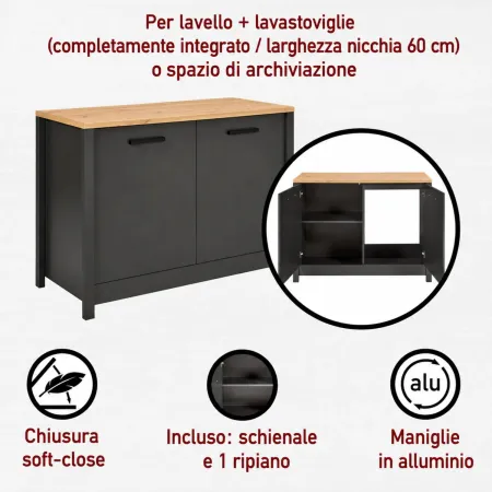 Cucina Componibile 430 cm Legno Antracite Rovere 6 Mobili Coordinati