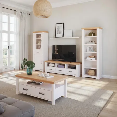 Libreria Alta 6 Ripiani Legno Massello Bianco Effetto Rovere Soggiorno