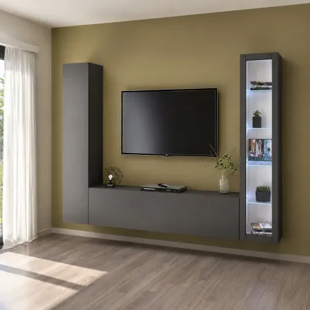 Parete da Soggiorno Attrezzata con Vetrina Porta TV Antracite Opaco