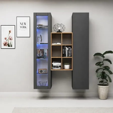 Mobile Soggiorno Colonna Vetrina Libreria Antracite Rovere a Parete