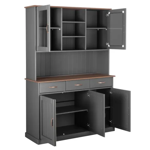 Credenza Grigia Alta Mobile 3 Ante con Cassetti Vetrina Cucina Contenitore Legno | BricoShop24