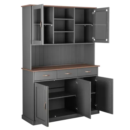 Credenza Grigia Alta Mobile 3 Ante con Cassetti Vetrina Cucina Contenitore Legno | BricoShop24