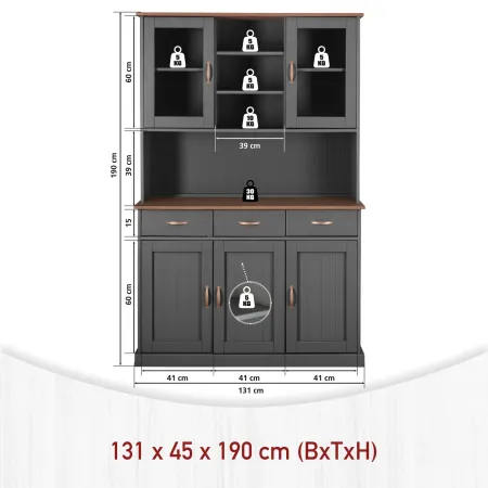Credenza Grigia Alta Mobile 3 Ante con Cassetti Vetrina Cucina Contenitore Legno | BricoShop24