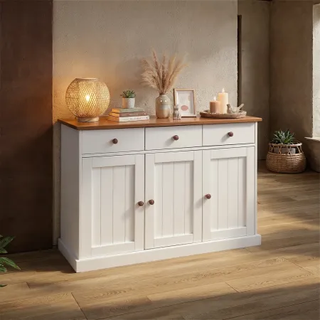 Mobile Credenza 3 Ante 3 Cassetti Bianco Noce Madia Dispensa da Soggiorno Cucina