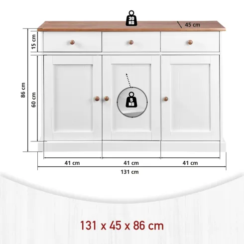Mobile Credenza 3 Ante 3 Cassetti Bianco Noce Madia Dispensa da Soggiorno Cucina