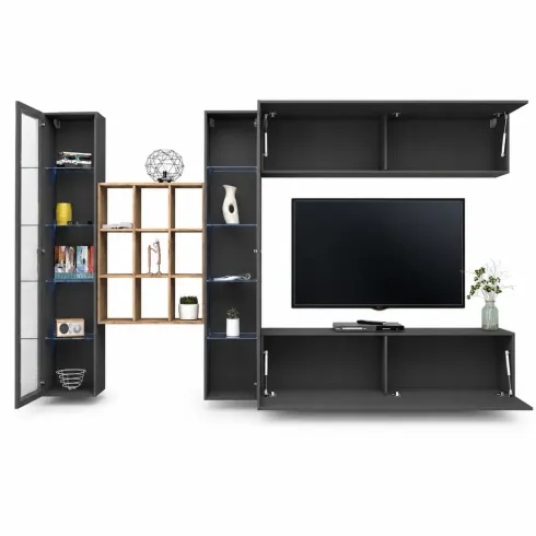 Parete Attrezzata Soggiorno 350 cm Vetrine Libreria Porta TV Antracite