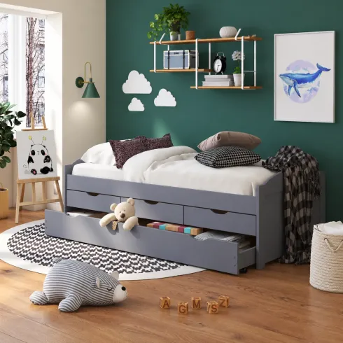 Divano Letto 2 Letti Singoli Doghe 90x200 Grigio Cassetti Contenitore Estraibile