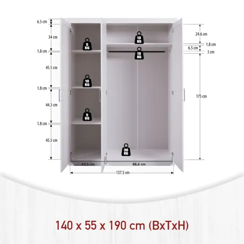 Armadio tre 3 Ante in Legno Mobile Guardaroba Bianco per Camera da Letto