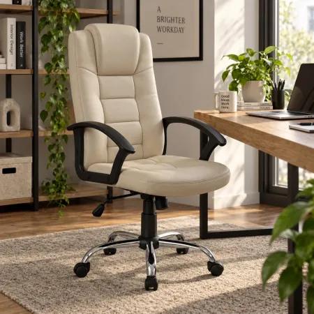Sedia Ufficio con Ruote Beige Imbottita Braccioli Scrivania Poltrona Ergonomica | BricoShop24