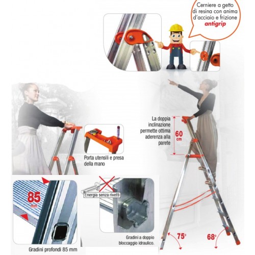 Facal Scala 7 Gradini Alluminio Doppia a Forbice Professionale Scaletta Interno