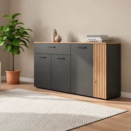 Credenza 4 Ante Cassetto 3 Ripiani Madia da Soggiorno Antracite Rovere