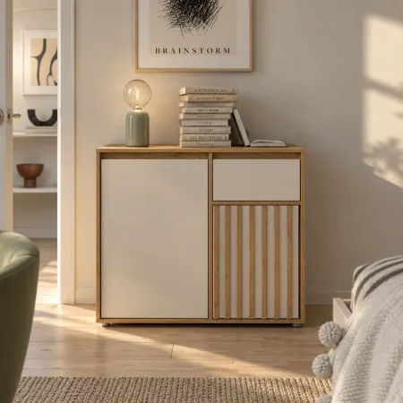 Mobile Multiuso 2 Ante Cassetto Credenza Rovere Beige Ingresso Camera