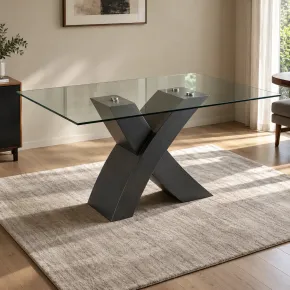 Tavolo da Pranzo 150x90 cm Piano in Vetro Gambe Incrociate Nero 2