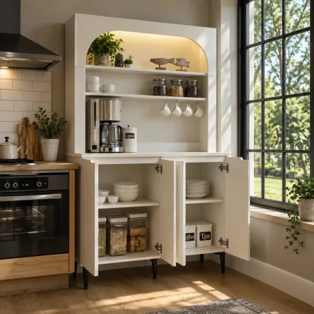Mobile Cucina Caffè Multiuso 4 Ante 2 Mensole Ripiani Ganci Bianco