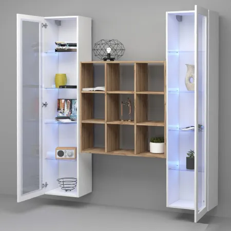 Parete Attrezzata Soggiorno 170 cm Bianco Lucido con Vetrine Libreria