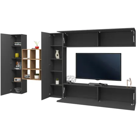 Parete Attrezzata Soggiorno 350 cm Porta TV Pensile Antracite Rovere