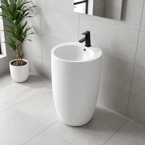 Lavabo da Appoggio Freestanding in Ceramica Bianco Lucido per Bagno