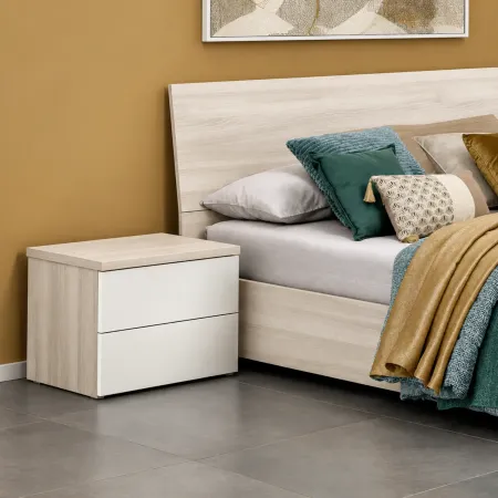 Comodino 2 Cassetti Camera da Letto Rovere Sbiancato Bianco Lucido