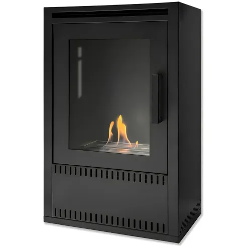 Stufa a Bioetanolo Ventilata 3 kW in Acciaio Nero con Bruciatore 1,5L