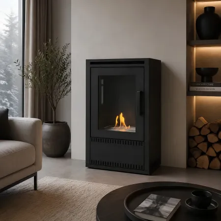Stufa a Bioetanolo Ventilata 3 kW in Acciaio Nero con Bruciatore 1,5L