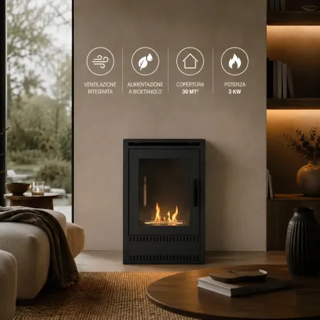 Stufa a Bioetanolo Ventilata 3 kW in Acciaio Nero con Bruciatore 1,5L