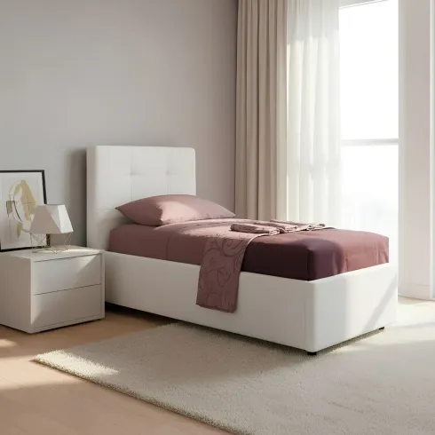 Letto Singolo Contenitore 80x190 cm Testiera Ecopelle Bianco con Rete