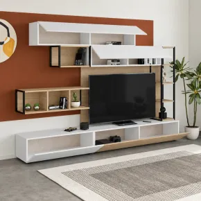 Parete Attrezzata TV Soggiorno Base con Colonna Pensili Bianco Rovere 2