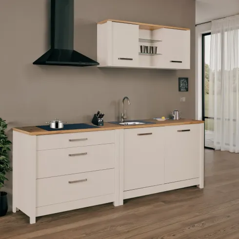 Cucina Modulare 230 cm Beige Rovere Base Sottolavello Cassetti Pensile