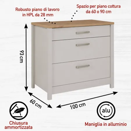 Cucina Modulare 230 cm Beige Rovere Base Sottolavello Cassetti Pensile