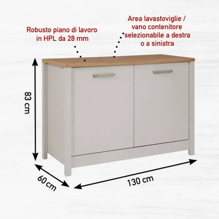 Cucina Modulare 230 cm Beige Rovere Base Sottolavello Cassetti Pensile