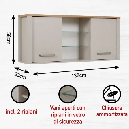 Cucina Modulare 230 cm Beige Rovere Base Sottolavello Cassetti Pensile