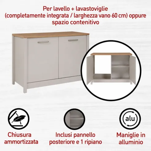 Cucina Modulare 230 cm Beige Rovere Base Sottolavello Cassetti Pensile