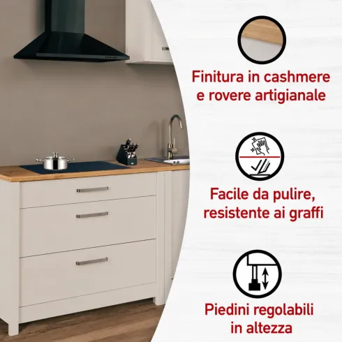 Cucina Modulare 230 cm Beige Rovere Base Sottolavello Cassetti Pensile