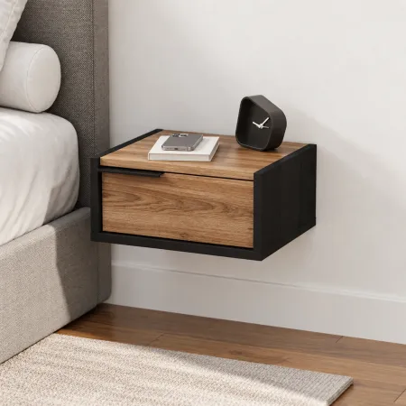 Comodino Sospeso Nero Rovere con Cassetto Maniglia Reversibile