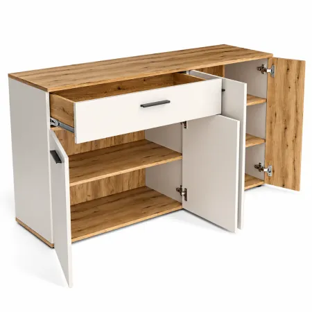 Credenza da Soggiorno 4 Ante Beige Listelli Rovere Anta Reversibile