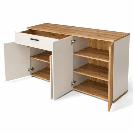 Credenza da Soggiorno 4 Ante Beige Listelli Rovere Anta Reversibile