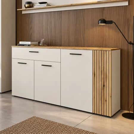 Credenza da Soggiorno 4 Ante Beige Listelli Rovere Anta Reversibile