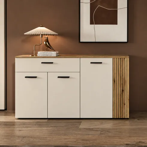 Credenza da Soggiorno 4 Ante Beige Listelli Rovere Anta Reversibile